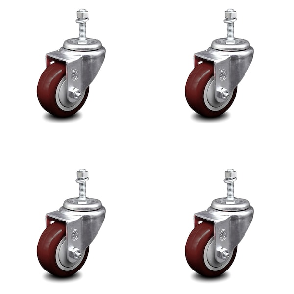 3 Inch Maroon Polyurethane Wheel Swivel 10mm Threaded Stem Caster Set SCC